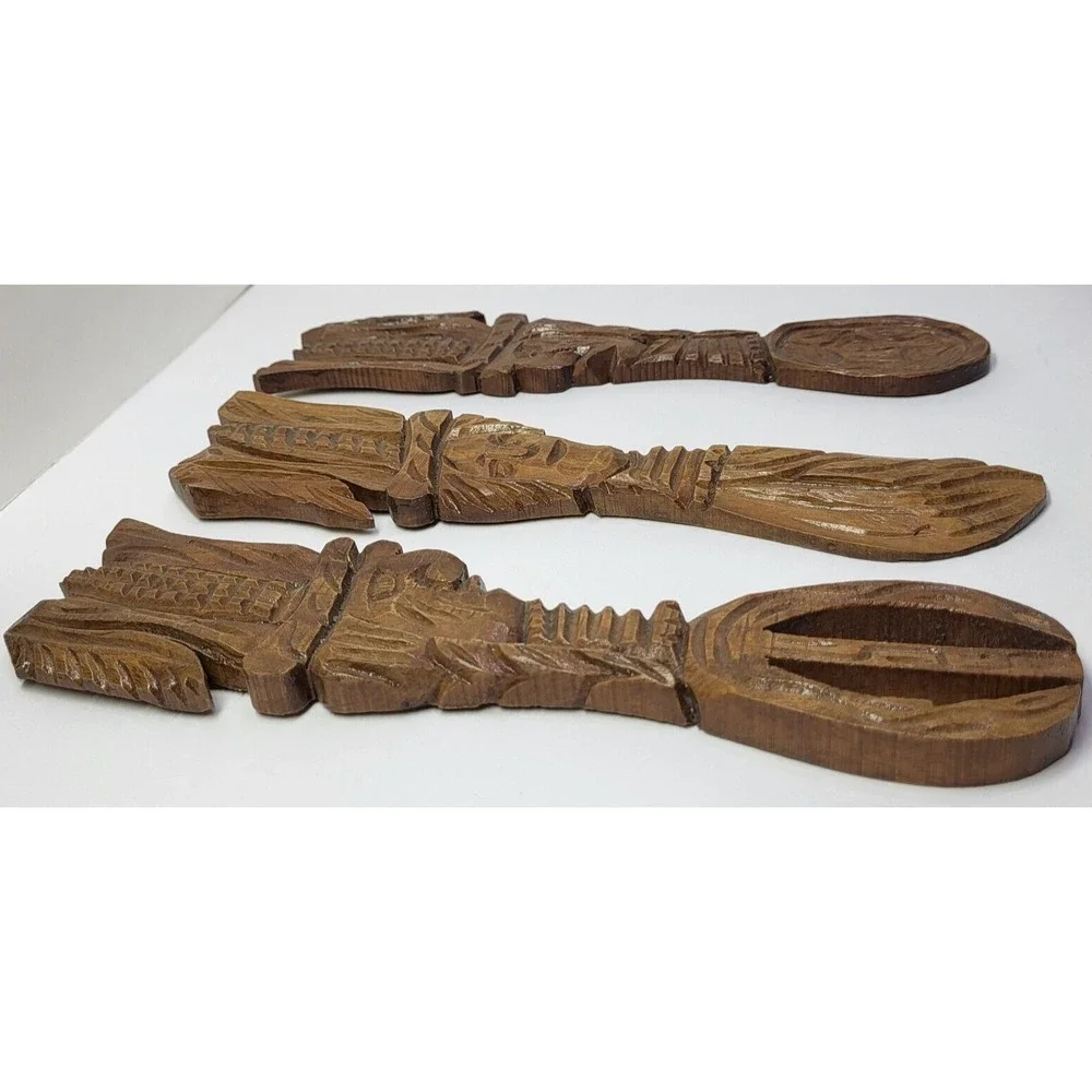 Hand Carved Wooden Tribal Tiki Totem Faces Knife Spoon Fork Wall Hanging Vintage
